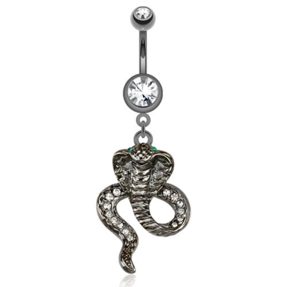 Cobra Hematite With Green Cz Eyes Dangle Navel Ring 316l Surgical Steel